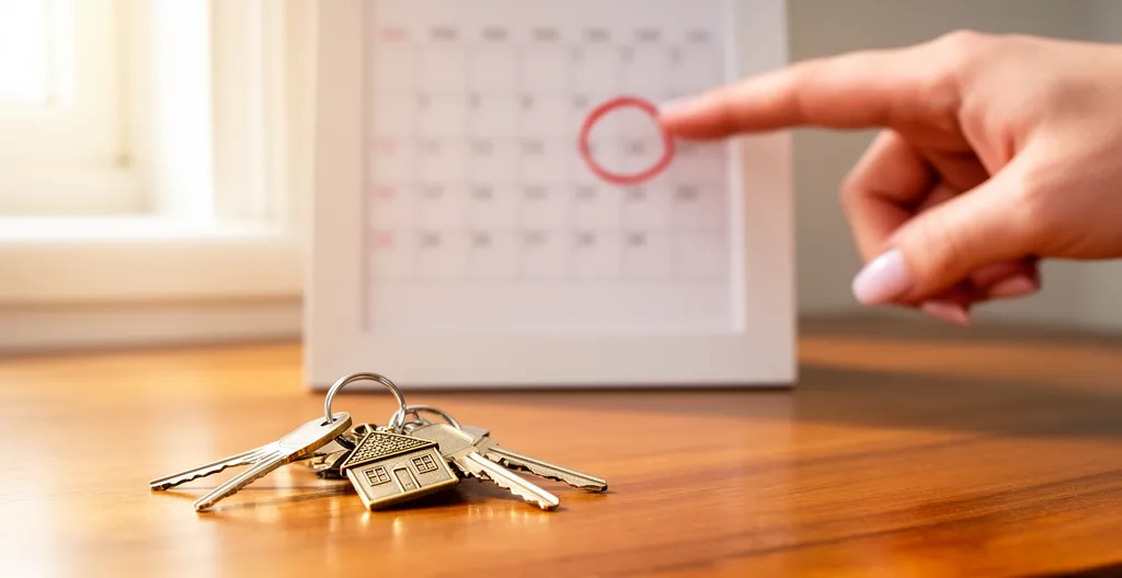 Main pointant une date entourée sur un calendrier mural avec des clés de maison au premier plan