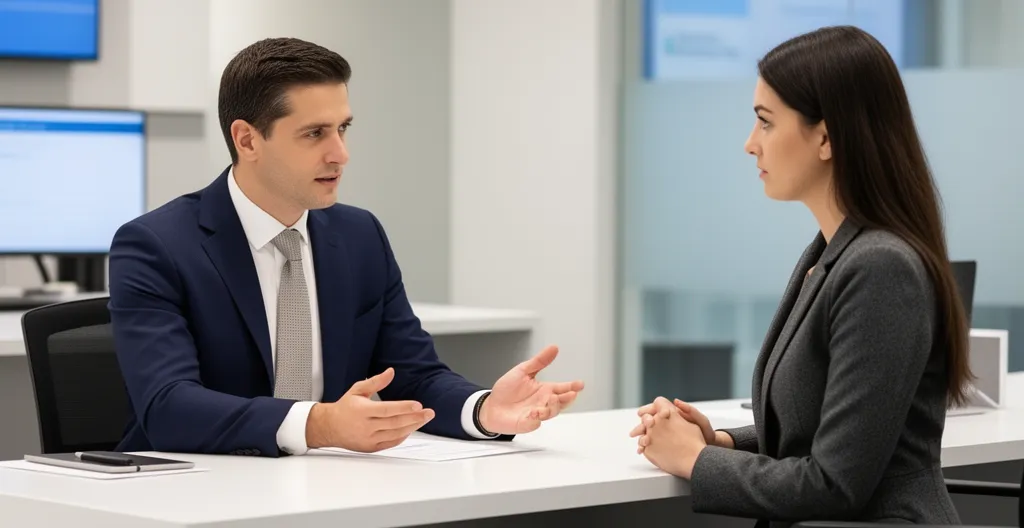 Conseiller bancaire en discussion avec un client dans une agence moderne