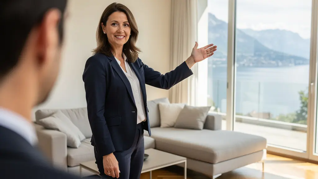 Agent immobilier présentant un salon lumineux lors d'une visite à Lausanne