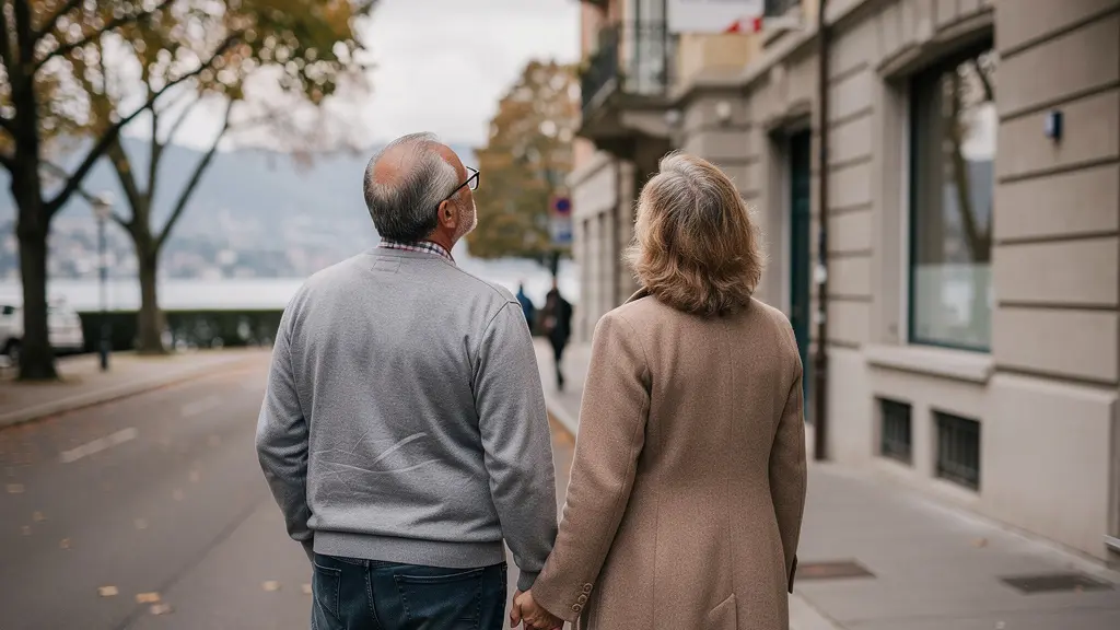 Couple observant un immeuble résidentiel à vendre dans un quartier lausannois