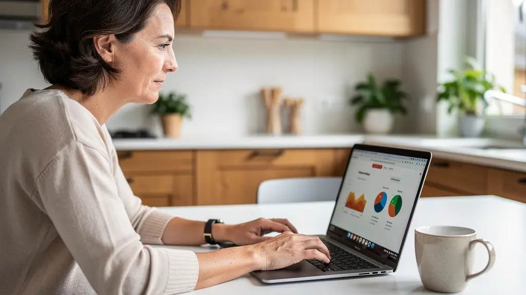 Femme consultant un comparatif d'agences immobilières sur son ordinateur dans sa cuisine