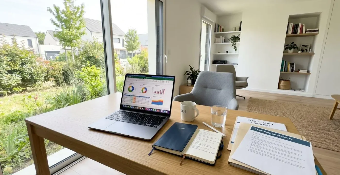 Bureau contemporain minimaliste avec ordinateur portable ouvert, carnet de notes et calculatrice dans une pièce lumineuse