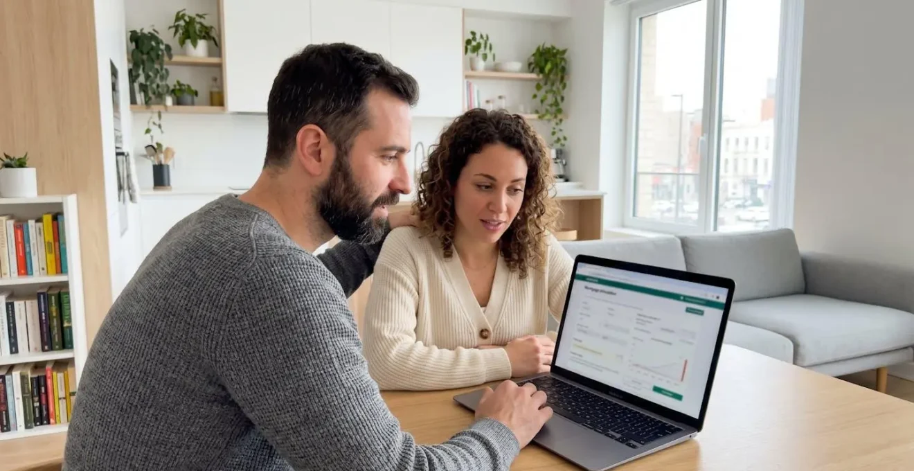 Un couple trentenaire consulte ensemble un ordinateur portable sur une table contemporaine pour une simulation de crédit immobilier