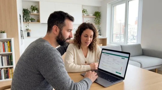 Un couple trentenaire consulte ensemble un ordinateur portable sur une table contemporaine pour une simulation de crédit immobilier