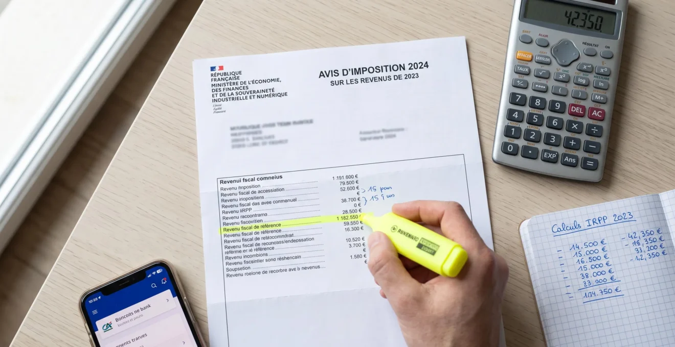 Avis d'imposition français 2024 avec mention du revenu fiscal de référence surligné, calculatrice et documents de vérification d'éligibilité PTZ sur un bureau