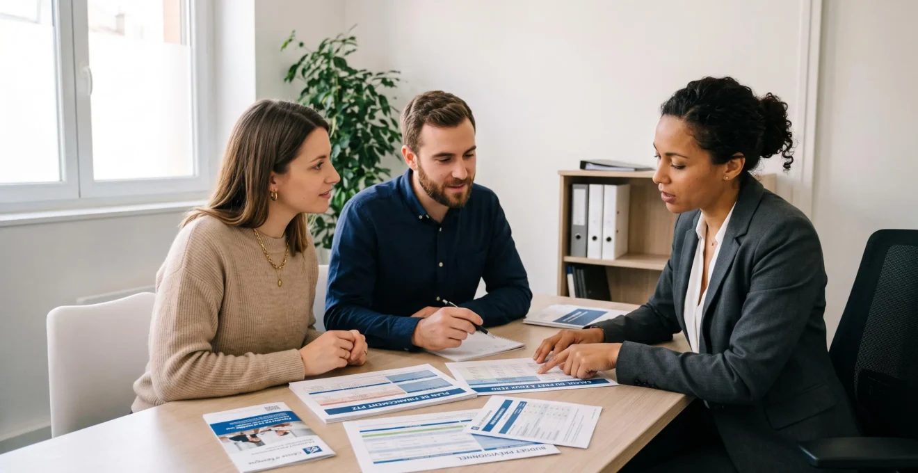 Jeune couple français en rendez-vous avec un conseiller bancaire consultant des documents de financement PTZ dans un bureau moderne lumineux