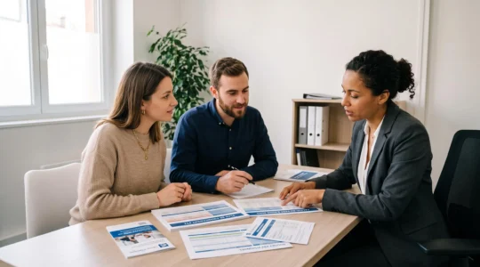 Jeune couple français en rendez-vous avec un conseiller bancaire consultant des documents de financement PTZ dans un bureau moderne lumineux