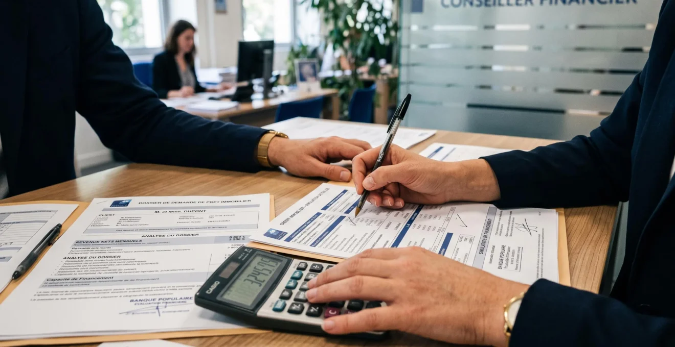 Conseillère bancaire analysant des documents de simulation de prêt immobilier et calculant les pourcentages d'apport