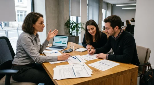 Conseiller bancaire rencontrant un couple pour étudier leur dossier de prêt immobilier dans un bureau de banque