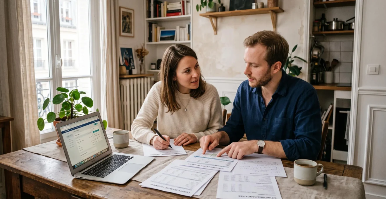 Couple discutant de leur stratégie d'épargne et calculant leur apport personnel pour un projet immobilier à leur domicile