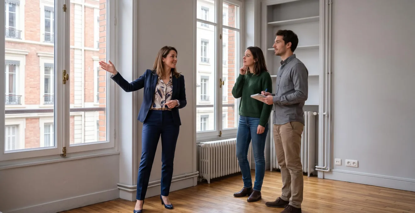 Agent immobilier présentant un appartement à un couple lors d'une visite de bien immobilier en France